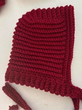 Handmade Red Knit Bonnet - attached scarf Brand new